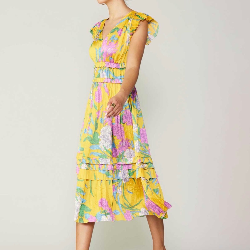 Current Air Yellow Floral Midi Dress With Pink & Green Accents